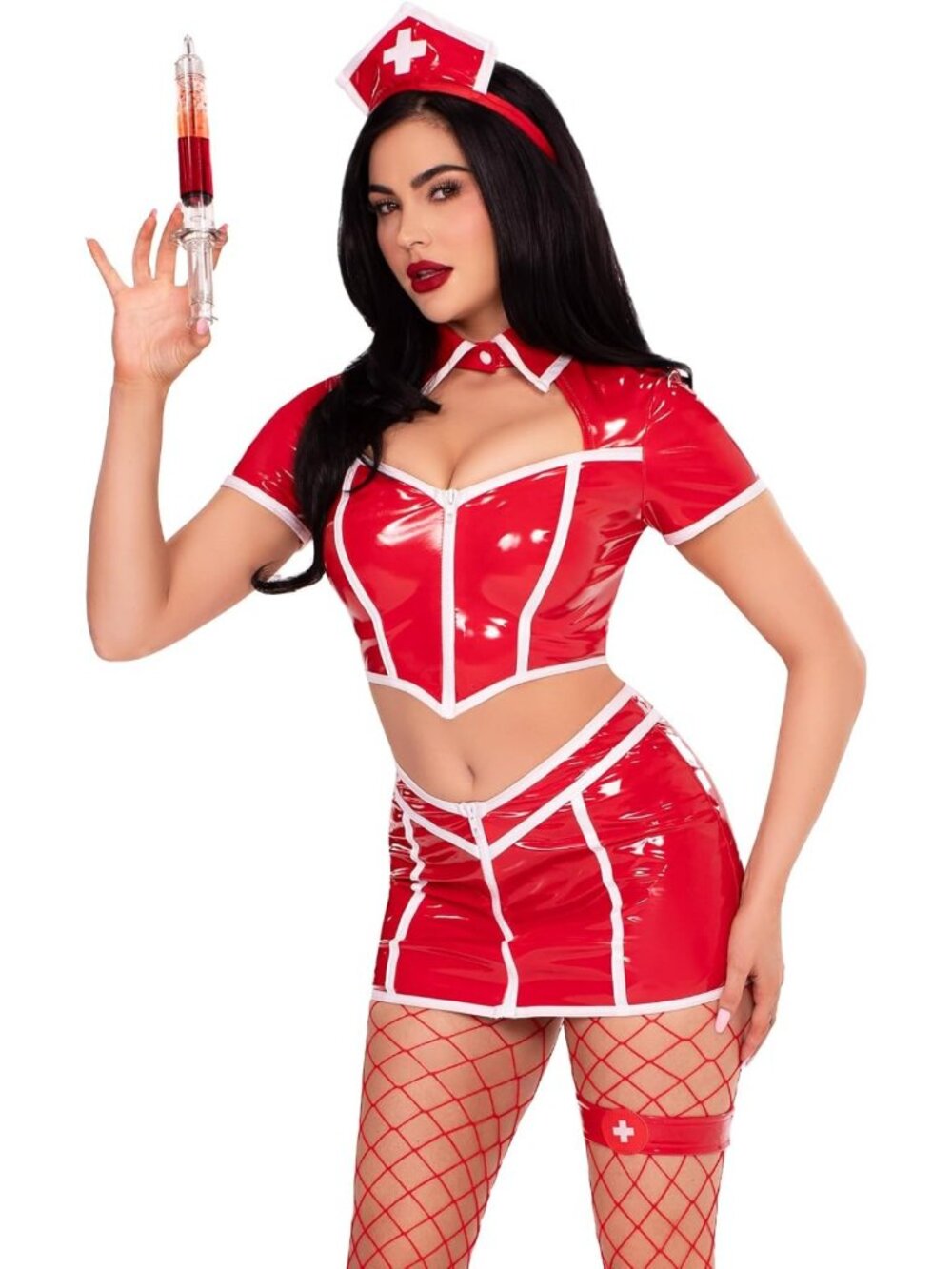 Sexy Nurse Costume Set - Vinyl Crop Top, Mini Skirt, Garter & Headband for